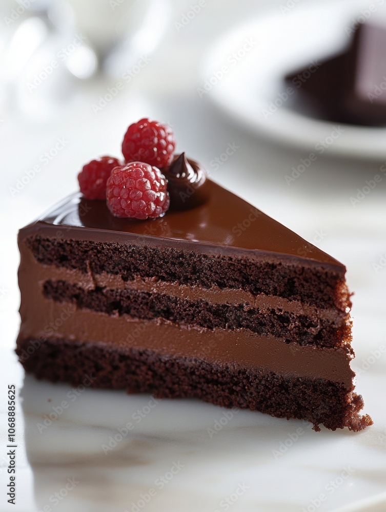 A slice of chocolate cake with raspberries on top A slice of chocolate cake with raspberries on top