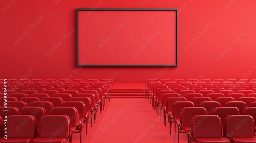 A vibrant red theater interior with empty rows of seats facing a blank screen, creating an inviting yet minimalist atmosphere. A vibrant red theater interior with empty rows of seats facing a blank screen, creating an inviting yet minimalist atmosphere.
