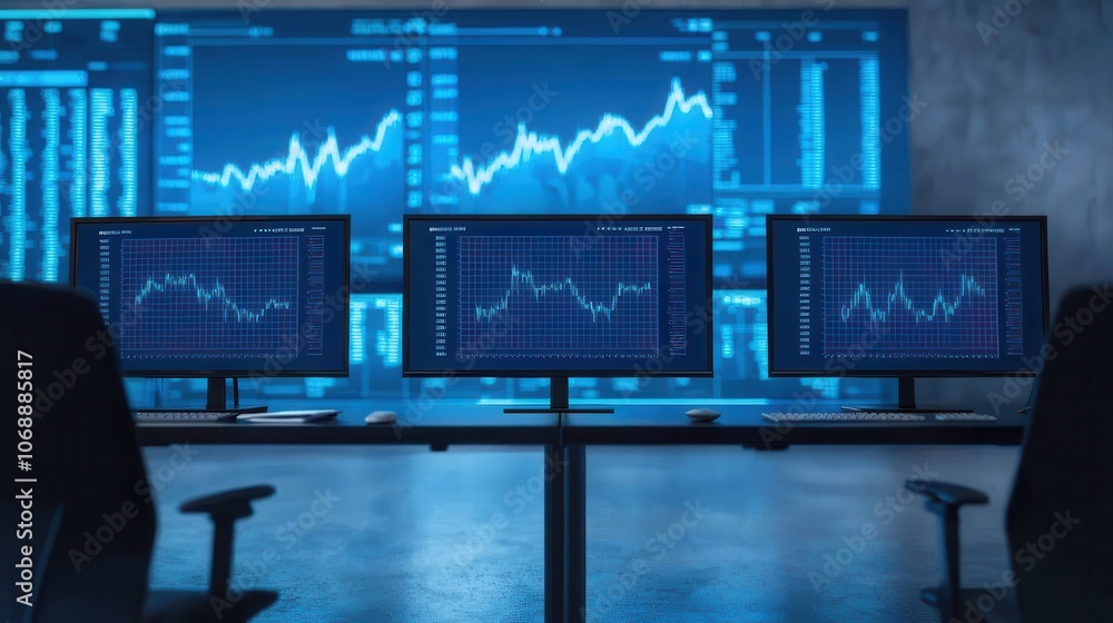 A modern trading room with multiple monitors displaying financial data, charts, and stock market trends against a tech-inspired backdrop. A modern trading room with multiple monitors displaying financial data, charts, and stock market trends against a tech-inspired backdrop.