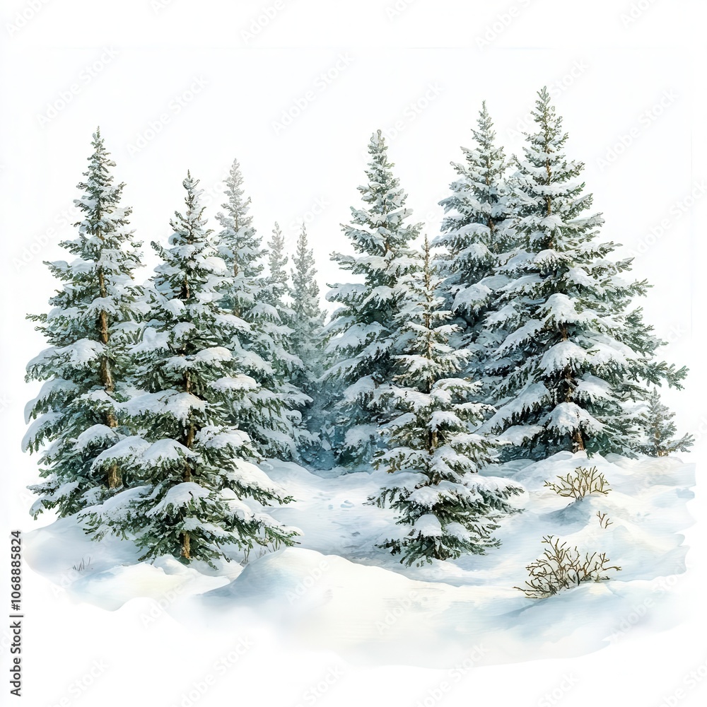 a winter forest with pine trees dusted in snow, tranquil holiday scene, watercolor style, isolated on white background