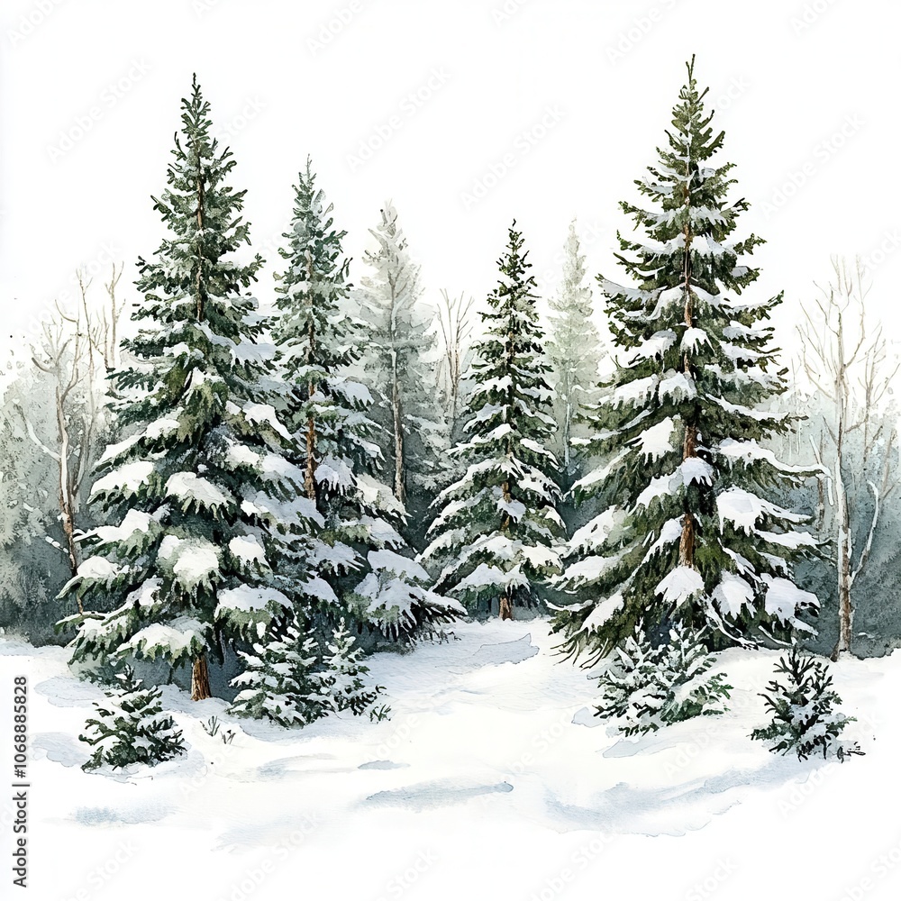 Obraz premium a winter forest with pine trees dusted in snow, tranquil holiday scene, watercolor style, isolated on white background