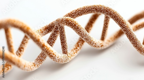 Close-up view of a stylized DNA double helix structure with a textured surface on a light background, representing genetic research and molecular biology.