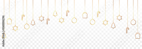 Vector hanging Christmas decorations PNG. Garland with Christmas decorations on a transparent background. Christmas banner.