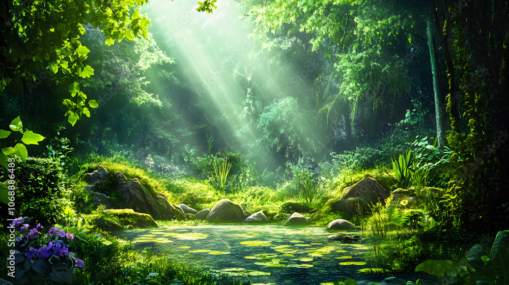 Sunlight rays pierce through the misty forest, illuminating the vibrant green foliage Sunlight rays pierce through the misty forest, illuminating the vibrant green foliage