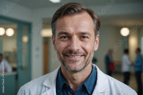 Close portrait of a smiling 40s Polish man doctor looking at the camera, Polish hospital blurred background