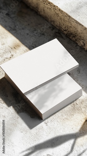 Minimalist white business cards stacked on textured concrete surface, casting soft shadows. Clean, modern design concept for branding mockup.