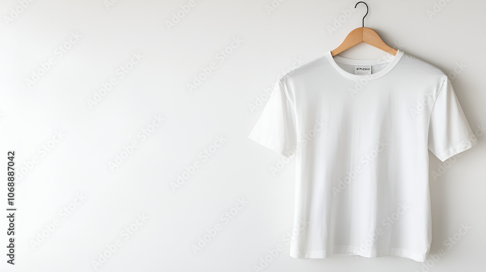 Blank t-shirt hanging on wooden hanger on a white wall ,and wooden hanger , White women's cotton T-shirt , Ladies white casual clothes arranged on hangers red knitted warm sweater stands out of whole Blank t-shirt hanging on wooden hanger on a white wall ,and wooden hanger , White women's cotton T-shirt , Ladies white casual clothes arranged on hangers red knitted warm sweater stands out of whole