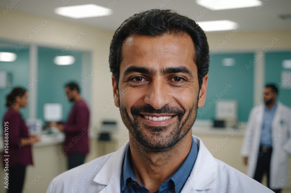 Close portrait of a smiling 40s Qatari man doctor looking at the camera, Qatari hospital blurred background Close portrait of a smiling 40s Qatari man doctor looking at the camera, Qatari hospital blurred background