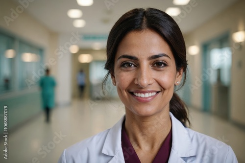 Close portrait of a smiling 40s Qatari woman doctor looking at the camera, Qatari hospital blurred background