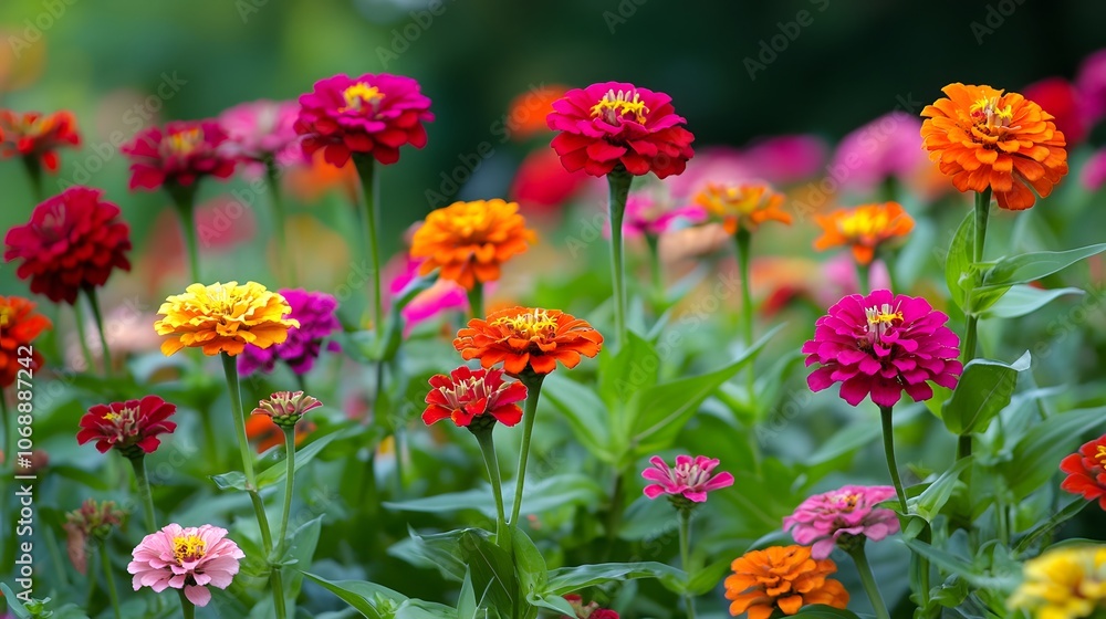 Colorful Zinnias and Marigolds Blooming in a Lush Garden Meadow Colorful Zinnias and Marigolds Blooming in a Lush Garden Meadow