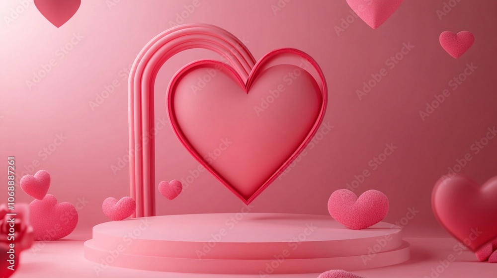 Romantic pink podium display with 3D heart arch and floating hearts, perfect for Valentine's Day promotions or love-themed product presentations. Romantic pink podium display with 3D heart arch and floating hearts, perfect for Valentine's Day promotions or love-themed product presentations.