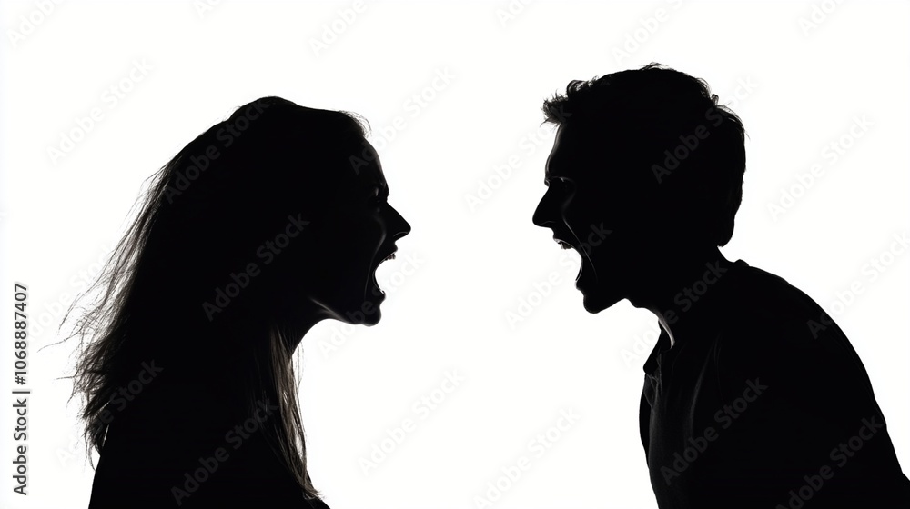 Silhouette profiles of a man and woman facing each other, mouths open in animated conversation or argument, stark black and white contrast. Silhouette profiles of a man and woman facing each other, mouths open in animated conversation or argument, stark black and white contrast.