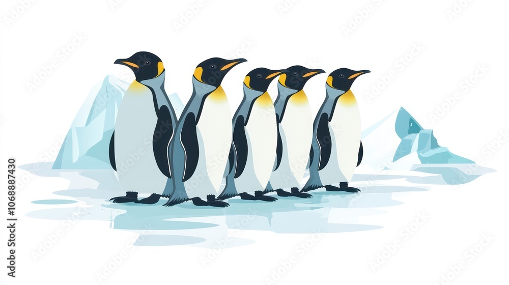 Obraz premium A group of stylized penguins standing on ice with a snowy background.