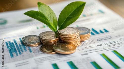 A stack of coins with a green plant on financial documents, symbolizing growth and investment.