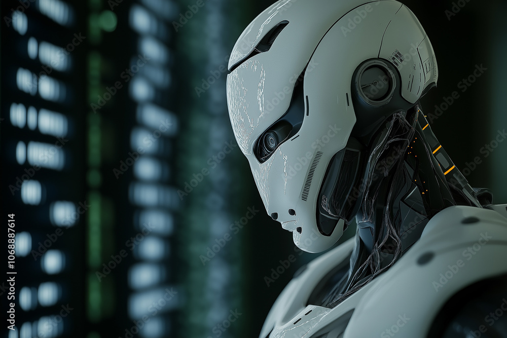 Fototapeta premium Gros-plan la tête d'un robot doté d'IA et sentient vu de profil debout face à un écran numérique