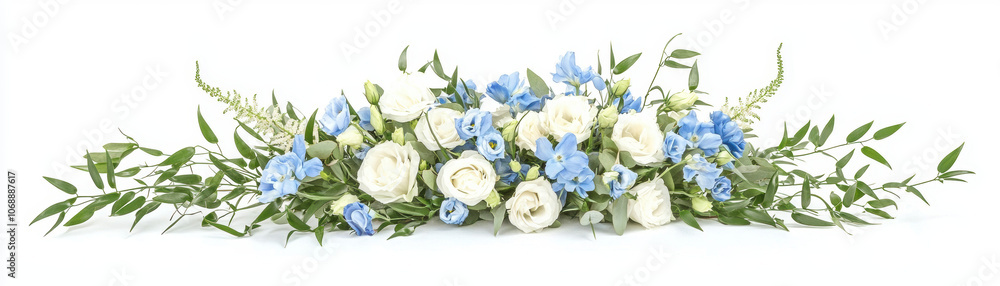 A beautiful floral arrangement featuring blue and white flowers, perfect for decorations and events, set against a clean white background.