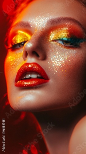 Vibrant close-up portrait showcasing dazzling rainbow eyeshadow, glittery skin, and glossy red lips. Dramatic lighting creates a fiery glow, emphasizing bold makeup artistry.