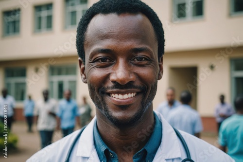 Close portrait of a smiling 40s Rwandan man doctor looking at the camera, Rwandan hospital blurred background photo