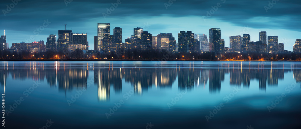 Fototapeta premium Serene Cityscape Reflection at Twilight