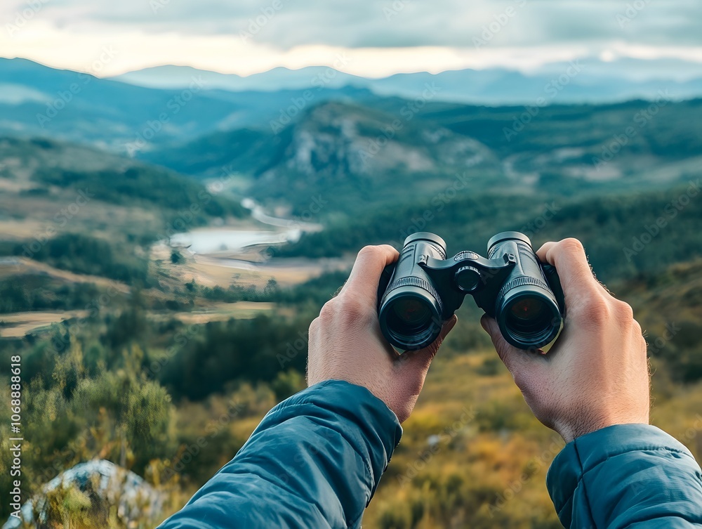 Hands Holding Binoculars Overlooking Scenic Mountain Landscape in Autumn