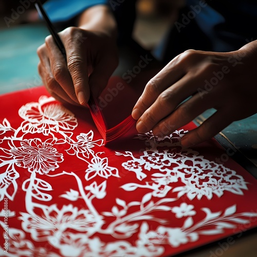 Intricate Red and White Papercut Floral Design with Delicate Asian Flair