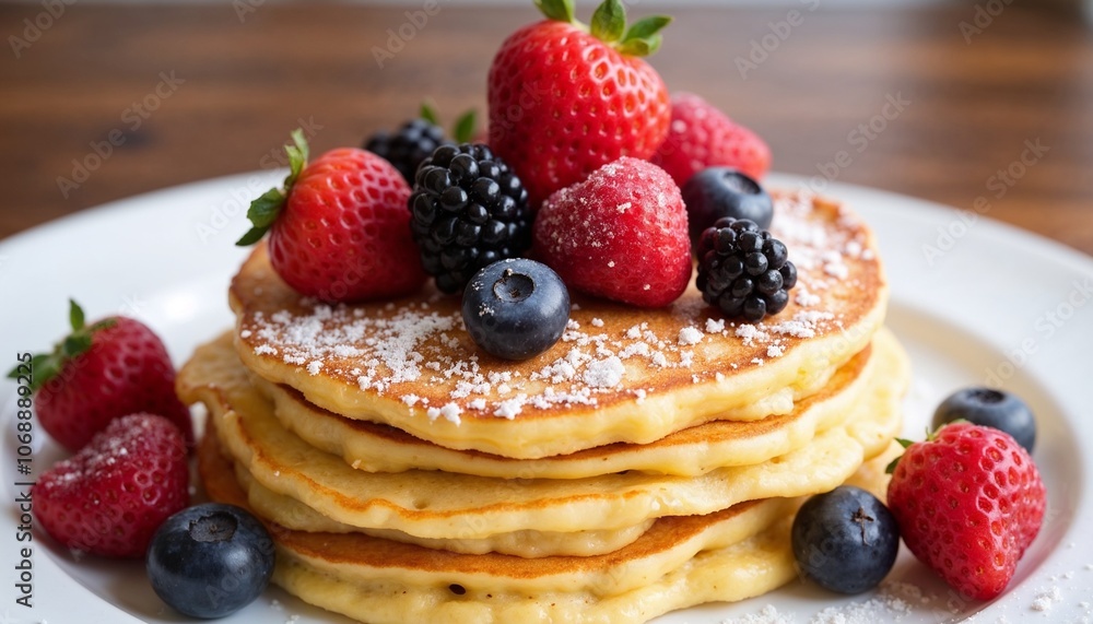 Fluffy pancakes with fresh berries and powdered sugar Fluffy pancakes with fresh berries and powdered sugar