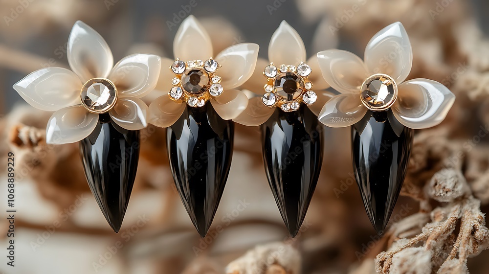 Fototapeta premium Three black nail tips with white flower and diamond embellishments.
