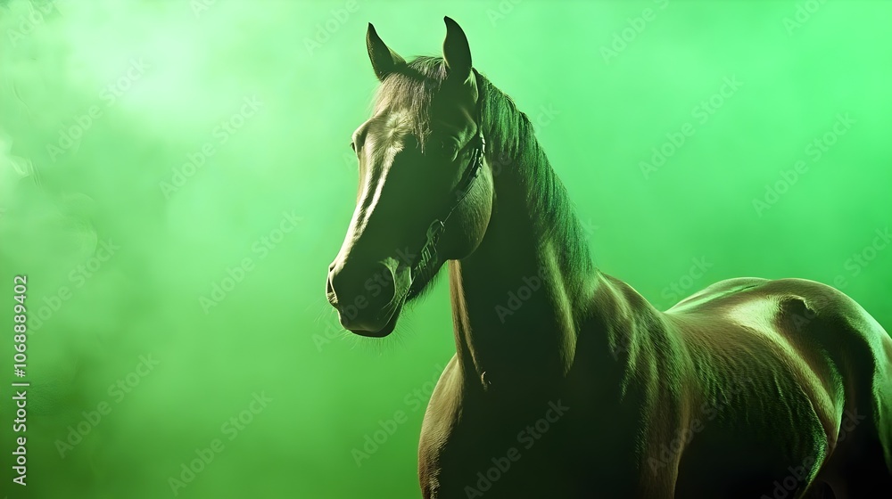 Obraz premium Portrait of a horse on a green background in the studio. Horse with green screen, chroma screen background image. Horse Studio photo, image . Concept for animal, zoology and capture for adverb. banner