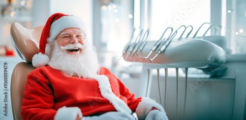 Smiling Santa Claus in dentist chair, blurred background of dentist office