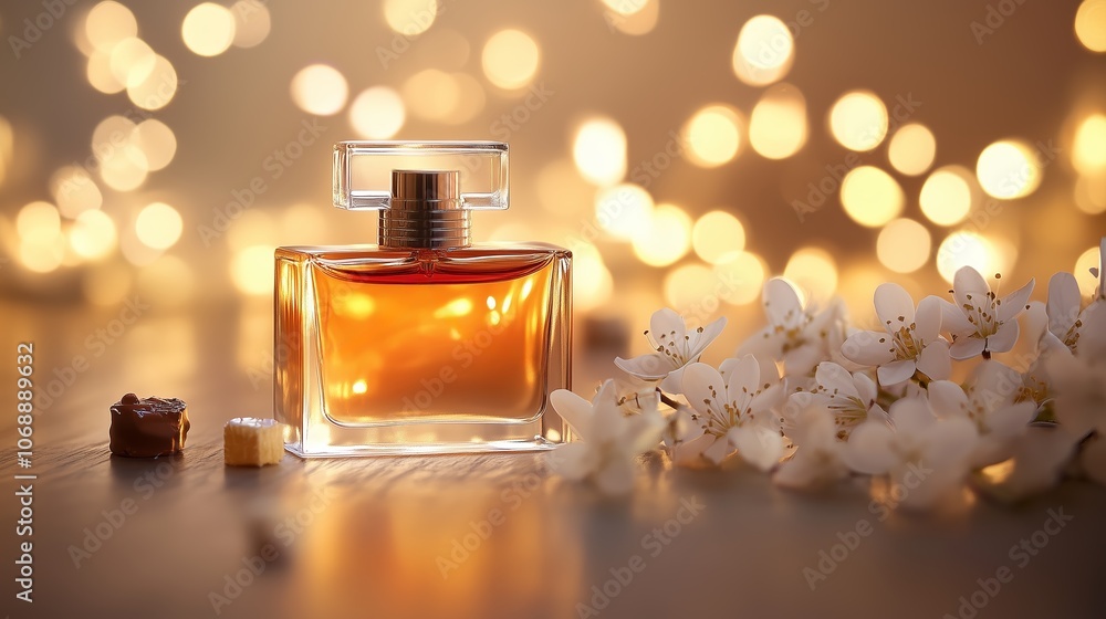 Elegant glass perfume bottle with warm amber fragrance surrounded by delicate flowers and soft golden lights in a cozy setting Elegant glass perfume bottle with warm amber fragrance surrounded by delicate flowers and soft golden lights in a cozy setting