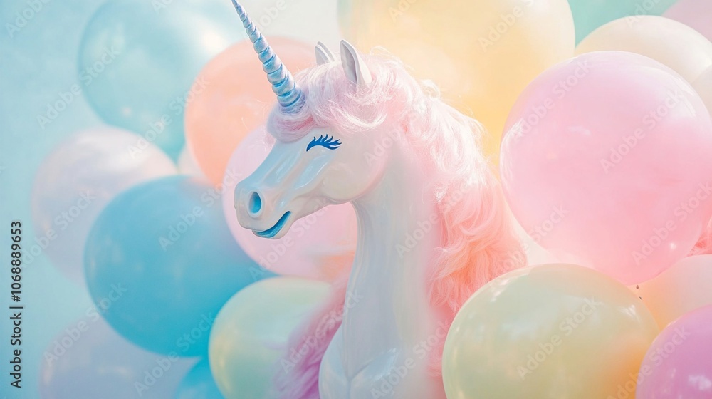 Naklejka premium Magical unicorn portrait surrounded by pastel balloons, creating a dreamy and whimsical atmosphere perfect for fantasy-themed parties or children's decor.