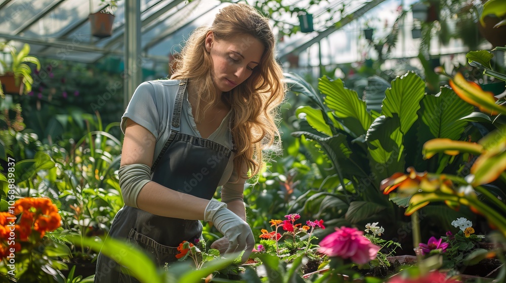 A woman in a greenhouse tends to a bed of bright pink flowers. A woman in a greenhouse tends to a bed of bright pink flowers.