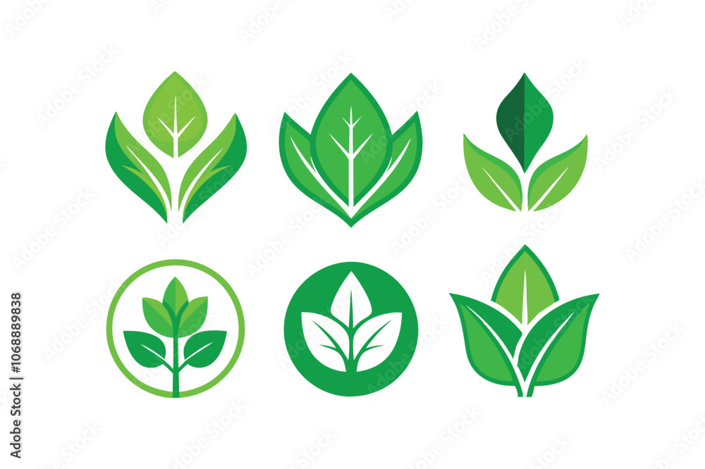 Green leaf icons set vegetarian, vegan, eco and organic herbal logo labels vector art illustration. Green leaf icons set vegetarian, vegan, eco and organic herbal logo labels vector art illustration.