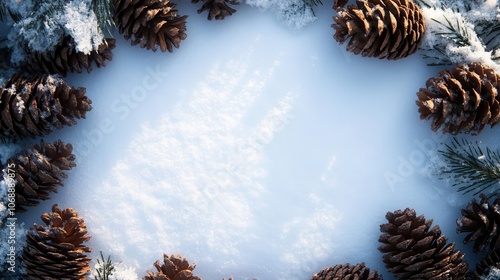 Pine cones with snow dusting, blank card in center for custom text, winter placeholder, rustic holiday
