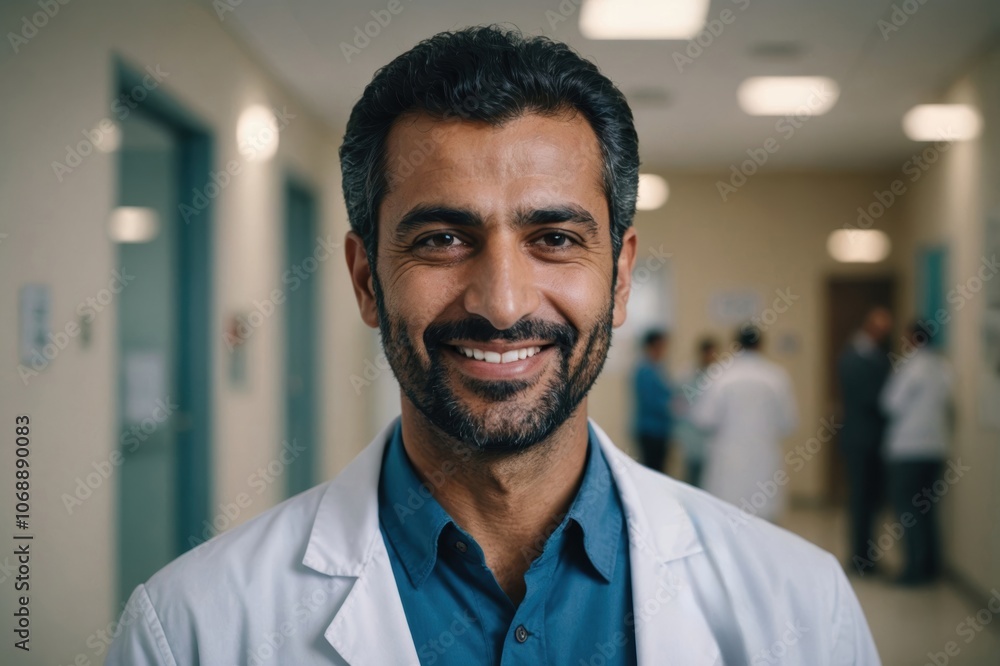 Close portrait of a smiling 40s Saudi man doctor looking at the camera, Saudi hospital blurred background Close portrait of a smiling 40s Saudi man doctor looking at the camera, Saudi hospital blurred background
