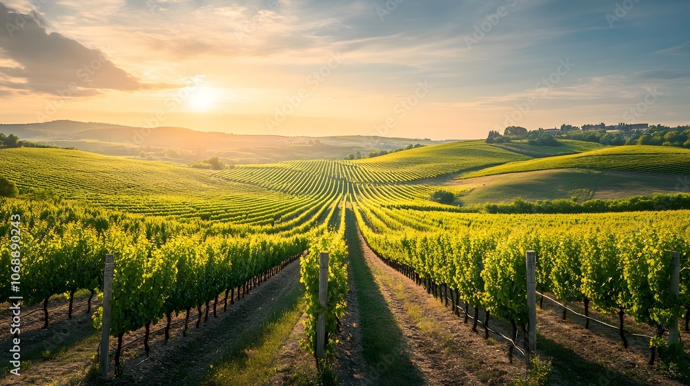 Fototapeta premium Scenic Sunset Over Lush Vineyard Landscape in Countryside