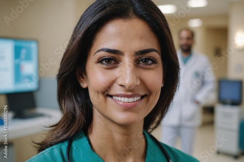 Close portrait of a smiling 40s Saudi woman doctor looking at the camera, Saudi hospital blurred background