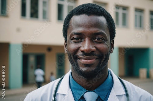 Close portrait of a smiling 40s Senegalese man doctor looking at the camera, Senegalese hospital blurred background