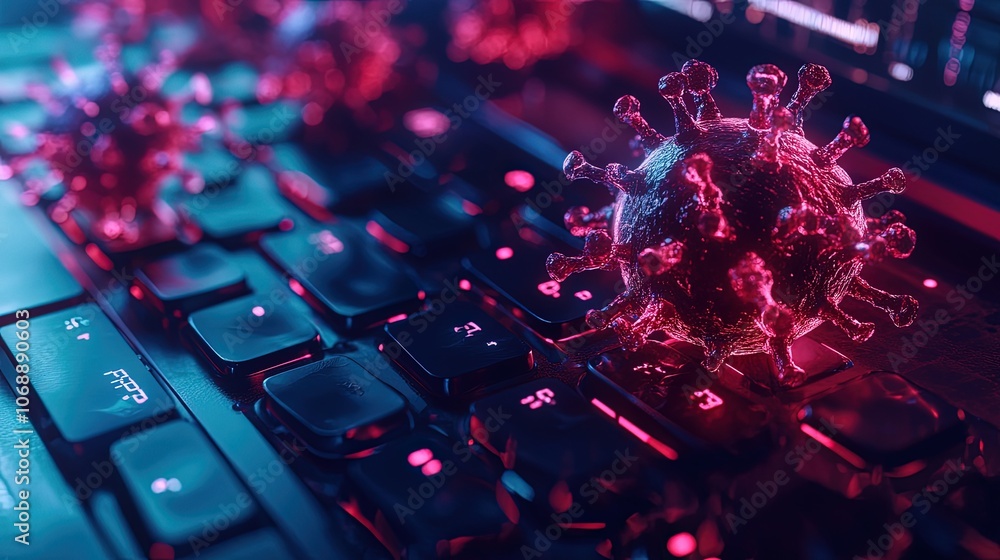 a biological virus over a computer keyboard symbolizing cybersecurity threats malware. a biological virus over a computer keyboard symbolizing cybersecurity threats malware.