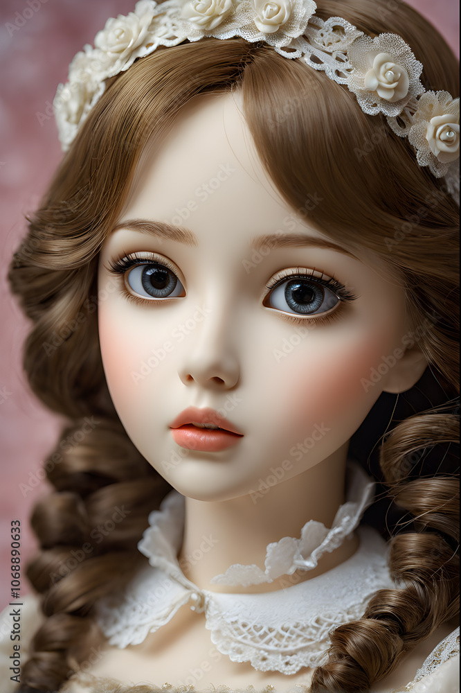 Fototapeta premium closeup of a female doll with braids on a pink background