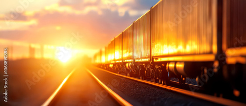 Train freight car on tracks at sunset background photo