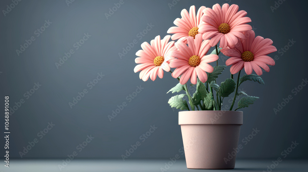 Bouquet of pink daisies in a terracotta pot against a grey background. Bouquet of pink daisies in a terracotta pot against a grey background.