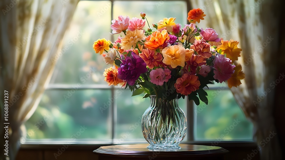Vibrant Autumnal Floral Bouquet Gracing Sunlit Window Sill Vibrant Autumnal Floral Bouquet Gracing Sunlit Window Sill