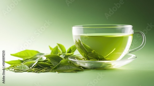 Refreshing green tea in glass cup surrounded by fresh leaves on vibrant green background