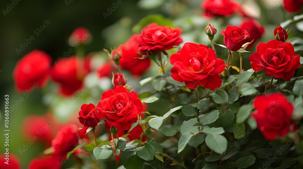 Vibrant Red Roses Blooming in a Flourishing Garden Vibrant Red Roses Blooming in a Flourishing Garden