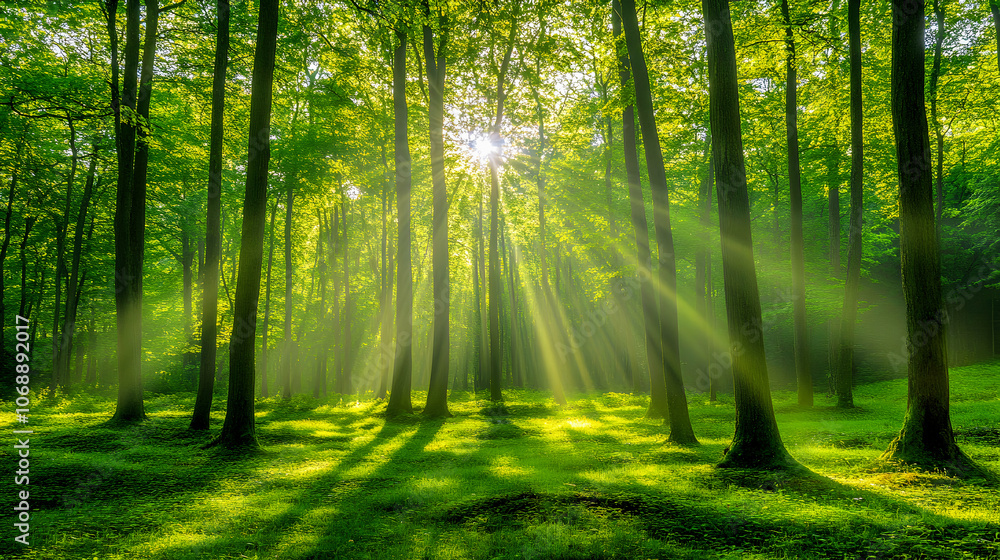 Fototapeta premium Mist-shrouded trees bathed in the warm glow of morning sunlight filter through the dense woodland