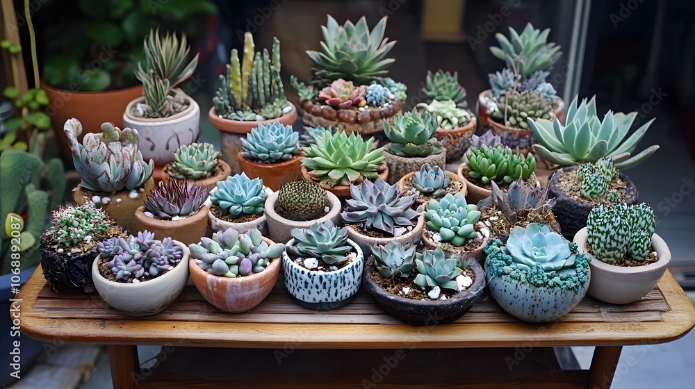 Assorted Succulents in Pots Arranged on Wooden Shelf for Home and Office Decor Assorted Succulents in Pots Arranged on Wooden Shelf for Home and Office Decor