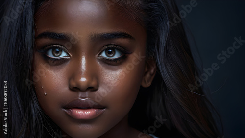 Close-up portrait of beautiful young african american woman with makeup.