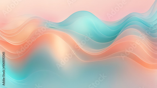 Translucent holographic waves of soft cyan and peach shimmering gently across a gradient background, AI Generated
