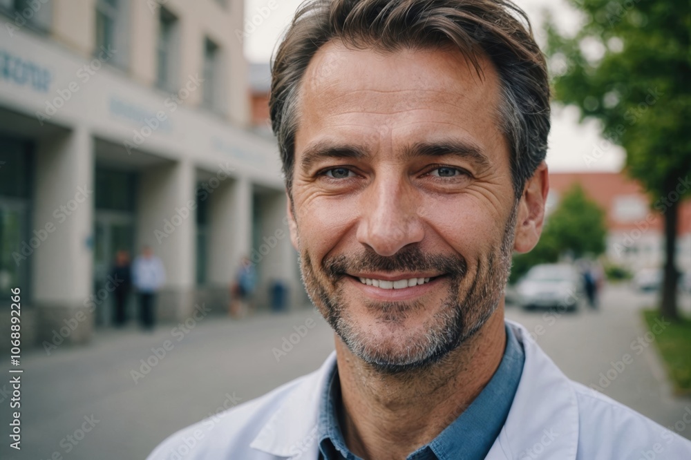 Close portrait of a smiling 40s Slovenian man doctor looking at the camera, Slovenian hospital blurred background Close portrait of a smiling 40s Slovenian man doctor looking at the camera, Slovenian hospital blurred background